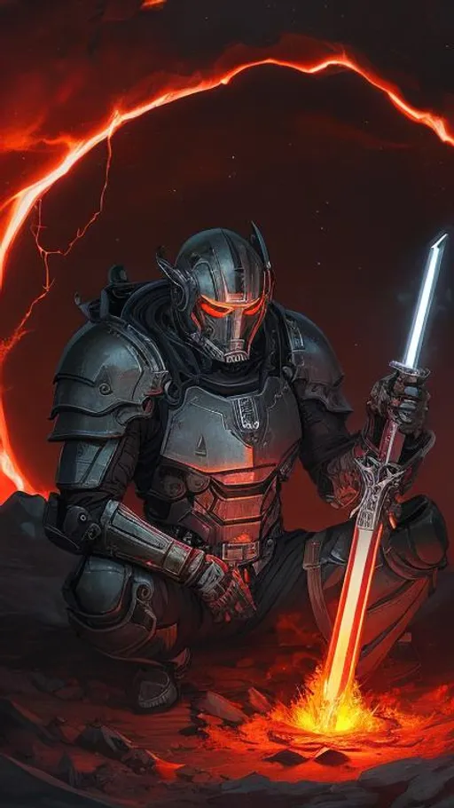 Prompt: a Male warforged in silver armor rests on his sword in the middle of a dark crater filled with glowing red fire. the sky is dark and he is surrounded by glowing red lightning. Behance hd