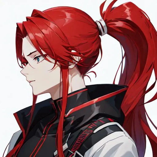 Prompt: Zerif 1male (Red side-swept hair covering his right eye) pulling his hair back into a ponytail, side profile, 8k, UHD, highly detailed, insane detail