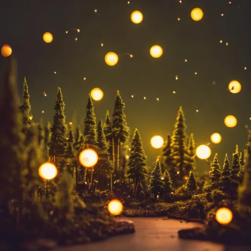 Prompt: tiny wooden forest with fireflies and string lights at night