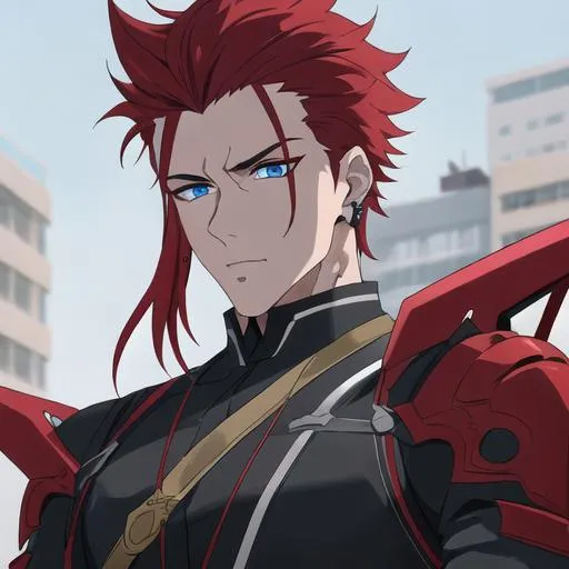 Prompt: Zerif 1male (Red side-swept hair falling between the eyes, sharp and sassy blue eyes), casual outfit,  Black piercings, highly detailed face, 8K, Insane detail, best quality, UHD, handsome, flirty, muscular, Highly detailed, insane detail, high quality. 