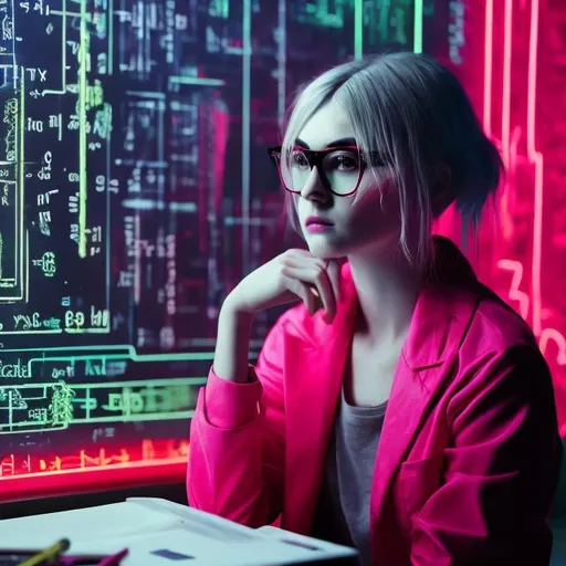 Prompt: long shot of a young modern woman sitting at a table, hyperrealistic, futuristic, 8K, in the background the universe and complicated mathematical computations, neon, in the style of Andy warhol