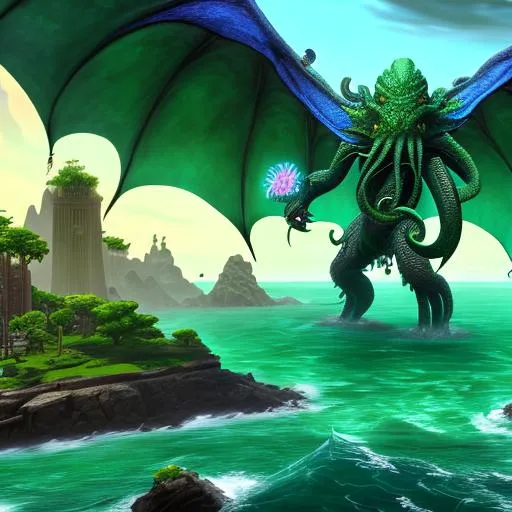 Prompt: photo of huge Cthulhu from Smite walking in the ocean, dark stormy weather, green color scheme, 4K realistic, side angle, Walking towards a city 