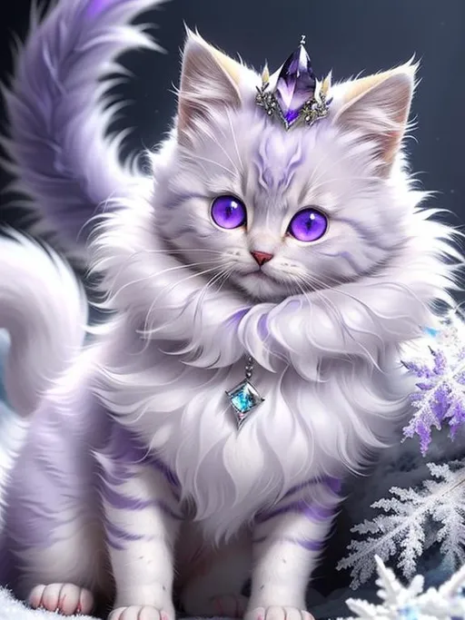 Prompt: (masterpiece, professional oil painting, epic digital art, best quality:1.5), tiny ((kitten)), ice elemental, silky silver-lilac fur covered in frost, timid, ((insanely detailed alert amethyst eyes, sharp focus eyes)), gorgeous 8k eyes, fluffy silver neck ruff covered in frost, two tails, (plump), extremely beautiful, fluffy chest, enchanted, magical, finely detailed fur, hyper detailed fur, (soft silky insanely detailed fur), presenting magical jewel, moonlight beaming, starry sky, frolicking in frosted meadow, grassy field covered in frost, cool colors, professional, symmetric, golden ratio, unreal engine, depth, volumetric lighting, rich oil medium, (brilliant auroras), (ice storm), full body focus, beautifully detailed background, cinematic, 64K, UHD, intricate detail, high quality, high detail, masterpiece, intricate facial detail, high quality, detailed face, intricate quality, intricate eye detail, highly detailed, high resolution scan, intricate detailed, highly detailed face, very detailed, high resolution