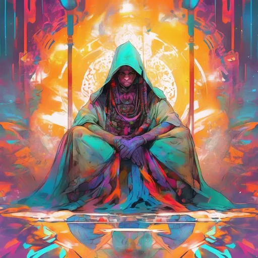 Prompt: Bright colors. vibrant inkpunk style photo of an jedi sitting in meditation 