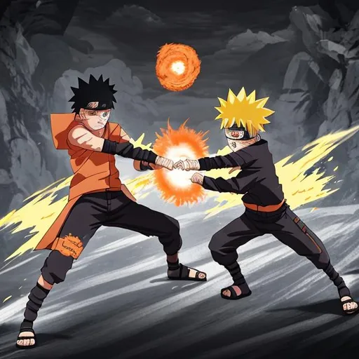 Prompt: Draw Naruto uzumaki fighting with sasuke uchicha in a cinematic,dark,dusty environment with 4k quality and neon fighting effects 