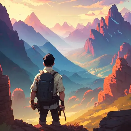 Prompt: there is a asian adventurer with a large blade on back looking at a mountain, atey ghailan 8k, ross tran. scenic background, artgerm and atey ghailan, concept art | rhads, looking at the mountains, andreas rocha style, ilya kuvshinov landscape, by sylvain sarrailh, inspired by Atey Ghailan, traveling through dark forest