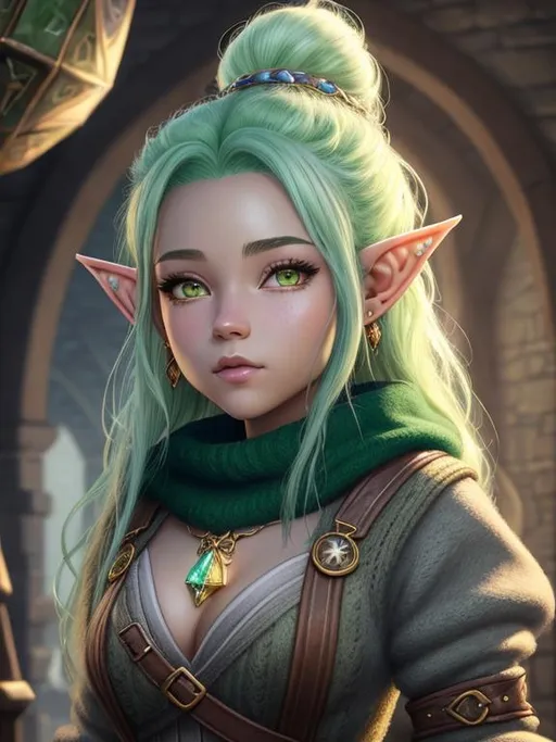 Prompt: oil painting, D&D fantasy, {16 years old}, ({green skinned}) gnome girl, light skinned female (short height), {COLOSALLY BREASTED}, beautiful face, very cute, {CRYSTALLINE HAIR}, pointed ears, looking at the viewer, {wearing WOOLEN SWEATER}, UHD, hd , 8k eyes, detailed face, big blue anime eyes, 8k eyes, {bright blue eyes}, {wide thick feminine lips}, straight nose, high cheekbones, long eyelashesintricate details, insanely detailed, masterpiece, cinematic lighting, 8k, complementary colors, golden ratio, octane render, volumetric lighting, unreal 5, artwork, concept art, cover, top model, light on hair, colorful glamourous hyperdetailed medieval city background, ultra-fine details, hyper-focused, deep colors, dramatic lighting, ambient lighting god rays, flowers, garden | by sakimi chan, artgerm, wlop, pixiv, tumblr, instagram, deviantart