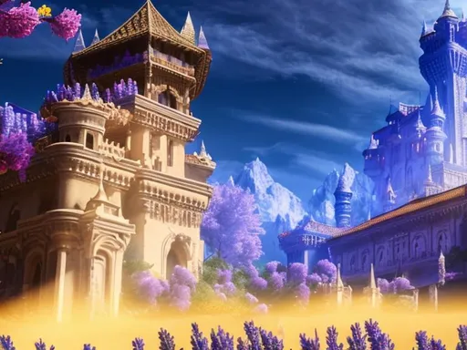 Prompt: Palace, Kingdom, Castle, Mountains, Lavender, flowers, 4k. HD, High Quality, Effects, Glowing.