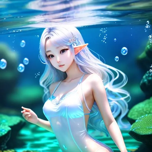 Prompt: Landscape Beautiful young korean woman elf underwater , manhwa face, beautiful body, intricate, intricate silver hair, open clothes, with school , firm, student, japan,perfect body, cute, wet, milky, hyperrealism,beautiful photography , highly detailed, digital art by sakimichan and kidmo, hd, 4k,8k