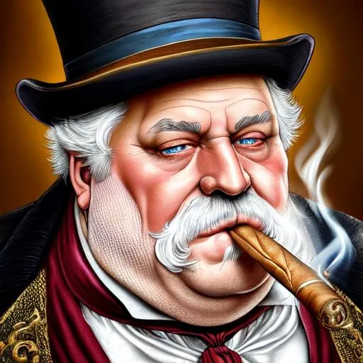 Prompt: medieval, fantasy, rpg, high quality, very detailed, detailed eyes, portrait of an fat old man wearing a top hat and smoking a cigar