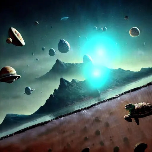 Prompt:  three Suns three moons planets all around Cows upside down floating in the air, birds flying backwards, turtles running fast, buildings talking to each other with eyes and mouths, mountains greeting each other with love and positivity, humans living in peace. Salvador Dali style hidden messages and items in image like aliens and space ships and talking trees and 🤣 emojis and toys 