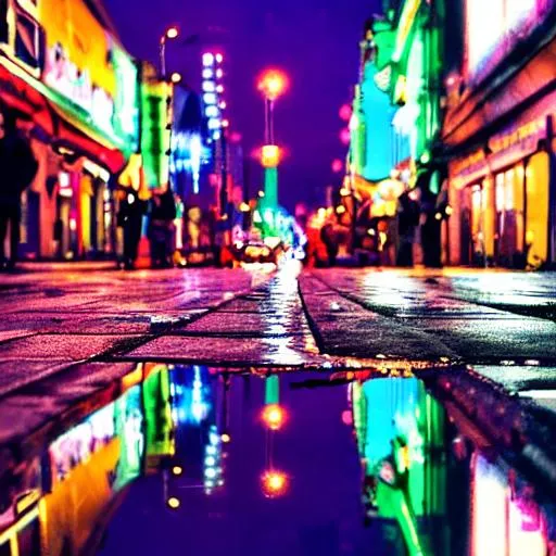 Prompt: Present time, big city, near future. The camera framing is a close up of a water puddle on the street, in which saturated neon street lights are reflected. Colors are strongly saturated.
A boot, of a walking individual, steps into the puddle breaking the reflection.