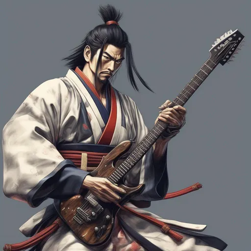 Prompt: a realistic musashi holding a electric guitar that ressembles a katana sword 
