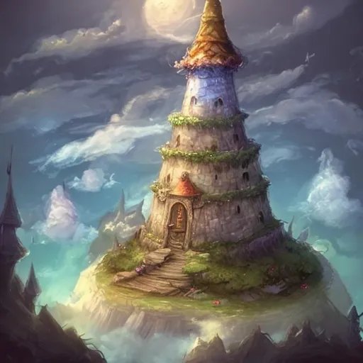 Prompt: tower on a cloud with a giant wizards hat for a roof. fantasy world