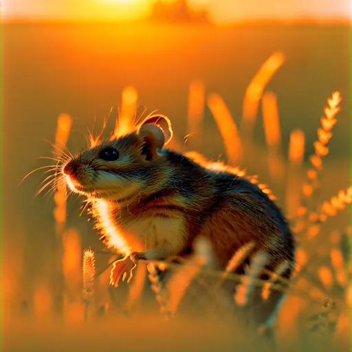 Prompt: highly detailed photograph of a field mouse on a wheat sheaf in a field with  sunset in background, 8k