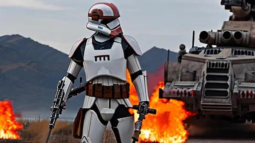 Prompt: star wars red clone trooper standing holding flamethrower next to at-te walker shooting droids
