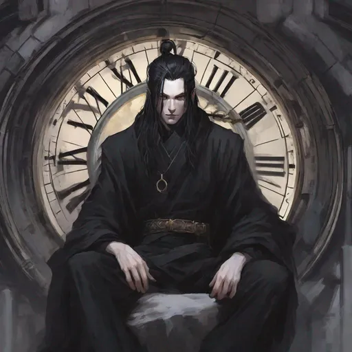 Prompt: dnd a man with pale white skin and long black hair in a man bun wearing black robes in a clock tower god of death and time