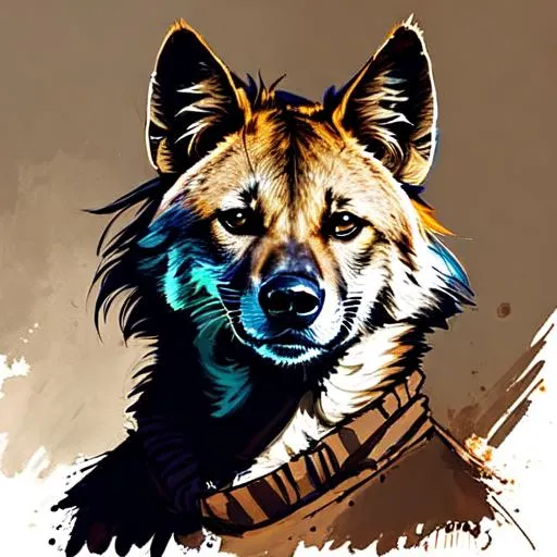 Prompt: A full body portrait of an anthropomorphic young striped Hyena with black fur a long shaggy mane and thin long body standing on two digitigrade feet smiling with malicious intent, anthro striped hyena, furry striped hyena, smiling, detailed cute young face, long thin snout, standing, humanoid anatomy, digital artwork, drawn image