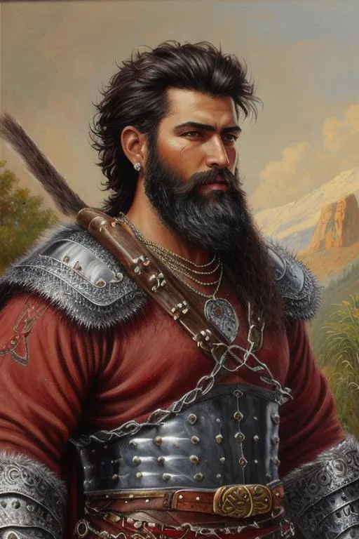 Prompt: oil painting, male warrior character, very hairy, rugged looking, black, short hair and beard, chain mail, crimson clothing. 