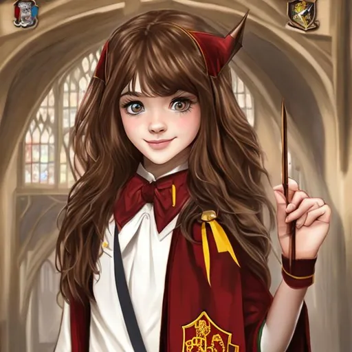 Prompt: Brown haired girl as Gryffindor Hogwarts Student in Hogwarts