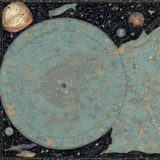 Prompt: vintage star map with constellations  by ivan bilibin illustration