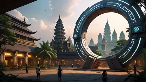 Prompt: magical portal between cities realms worlds kingdoms, circular portal, ring standing on edge, upright ring, freestanding ring, hieroglyphs on ring, complete ring, ancient cambodian architecture, gardens, hotels, office buildings, shopping malls, large wide-open city plaza, turned sideways view, futuristic cyberpunk tech-noir setting