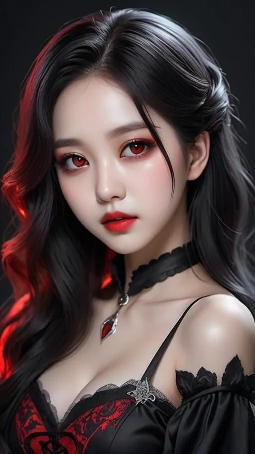 Prompt: Vampire korean kpop girl idol with glowing red eyes, red lips, black dot on cheeks, shoulder-length dark black hair, i can't believe how beautiful this is, cosplaygirl, in the style of light silver and dark black, cottagecore, feminine body, kawacy,  silver and black, cg realistic style