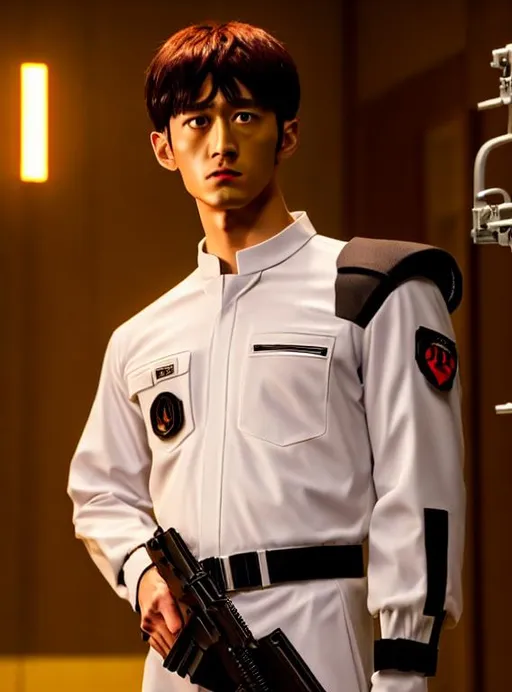 Prompt: realistic male actor playing the character Shinji Ikari in the new live action adaptation of Neon Genesis Evangelion who is suiting up for battle against the Angels, action horror movie trailer, gothic cyberpunk, biomechanical, hyper detailed, hyperrealism, cinematic, depth perception, depth of field, award winning short film, masterpiece, high resolution, rich deep colors, composition of perspective fractal grids, science of energy, signal processing, art direction by yoshitaka amano and yukito kishiro and yoshiyuki sadamoto, 8K