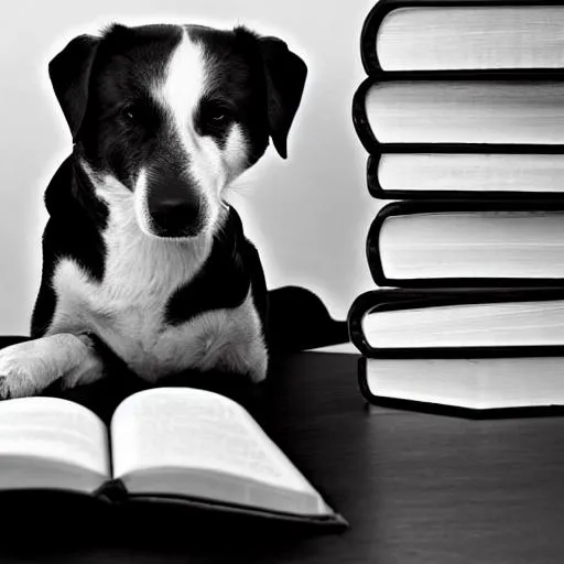 Prompt: a black and white dog with a book in its paw 