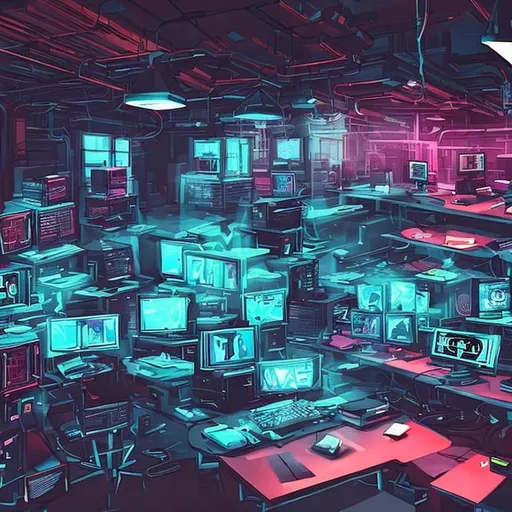 Prompt: A hacker space in a cyberpunk style