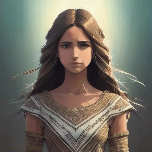 Prompt: Portrait painting of Naomi Scott in a beige tribal cueitl dress from Final fantasy in the battlefield of the Sandoria. Dark Brown long hair, By Ilya Kuvshinov, manga, anime style, 80's, Intricate, Hand drawn, concept art, bright color, dim lighting, Anime Key Visual, beautiful composition