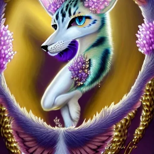 Prompt: a bejewelled felinoid fursona with soft downy facial fur, blue, lavender, mauve, cream, brown eyes, white and cream striped fine, whispy body fur, calico-Influence, white luminescent biomorphic glistening wings, in the style of Donato Giancola, Amanda Sage, in flower garden, darkness, glowing magical flowers, moonlight, low volumetric glowing fog, background theme glowing stars, epic, painted, fantasy, beautiful rich deep colors, in the style of Android Jones, Jean Tinguely, dynamic lighting volumetric lighting , occlusion, 128K UHD Unreal Engine 5