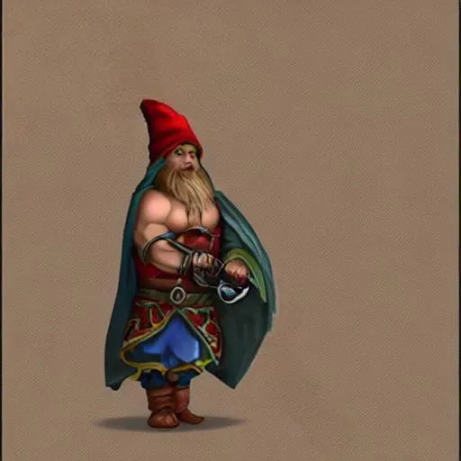 Prompt: muscular bard gnome in a cloak with abs and a spear and lute.
real

