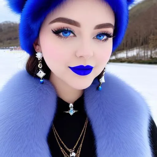Prompt: Keke Palmer, blue lipstick, snowy beach, blue heart necklaces, Thick blue fur coat, Black Cape, pleasant face, blue eyes, Black-purple eyeshadow, long ice earrings. Cold color scheme, ultradetailed, 8k resolution, perfect, smooth, high quality, shiny. 