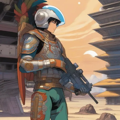 Prompt: Seen from distance. Whole body. Full figure. scifi soldier in Aztec armor. He has a scifi feather helmet. In background earth from the space. 
He wields a rifle. In background a scifi station in space. Anime. Yoshikazu Yasuhiko art.  Rpg art. Akira art. 2d art. 2d. 