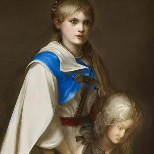 Prompt: a girl with blonde short hair and a white with blue cape a white cape and holding a sword