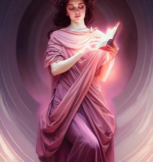 Prompt: philomena, patron saint of mental health, beautiful, dark hair, ethereal pink dress, bible, gorgeous, amazing, elegant, intricate, highly detailed, digital painting, artstation, concept art, sharp focus, illustration, art by artgerm and greg rutkowski and alphonse mucha