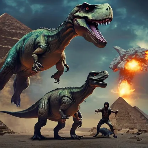 Prompt: Dinosaurs with machine guns in a battle with Egyptian gods amongst they pyramids, dramatic, explosions, cinematic