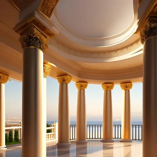 Prompt: Create some straight pillars with golden details, external view, in a front view horizontally, cinematic light, front angle view, UHD, HDR, 8K, ((Masterpiece))
