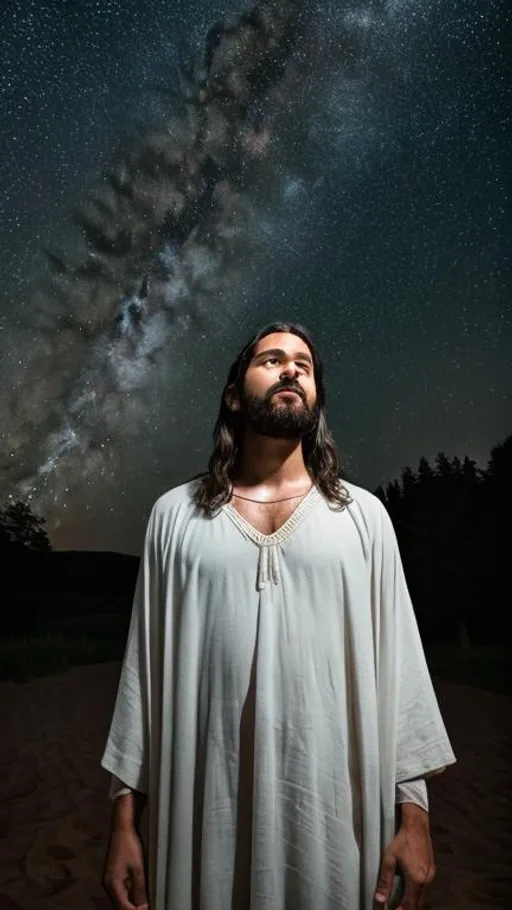 Prompt: Jesus, earth, the space, ultra-wide camera, stars, masterpiece, very beautiful, high resolution, detailed, dreamy atmosphere