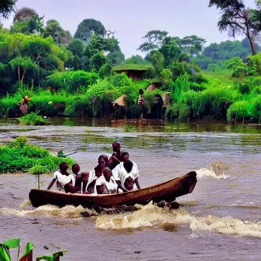 Prompt: Transport yourself to an enchanting African village nestled along the banks of a winding river, where the vibrant essence of nature intertwines with the joyful spirit of its inhabitants. Picture a mesmerizing scene capturing the harmonious coexistence of serene waters and the exuberant laughter of children as they immerse themselves in the river's gentle embrace.