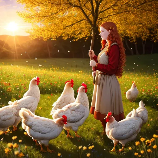 Prompt: shepherd woman, long ginger wavy hair, pale skin, freckles, freckled, traditional red short dress, 22 years old, three chickens eating seeds on the ground, Shepherd's crook, farm, spring, blooming, sunrise, forest, sun light, light from behind, fields, flowers

Ultra high definition, realistic picture, detailed, intricated, 4K, 8K, wallpaper, award winning