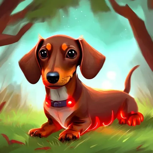 Prompt: A cute dachshund lying on its back on grass in the woods with a red glowing sword in its mouth cute fanart