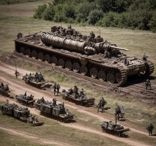 Prompt: An epic steampunk battle scene with lots of chaotic dynamic battle action. Soldiers fight hand to hand in front of A steampunk turret is mounted on top of A battered steampunk war carriage on the battlefields of ww1. barbed wire, trenches, dead soldiers and horses litter the muddy and destroyed terrain. Burned tree stumps smoilder in the background.