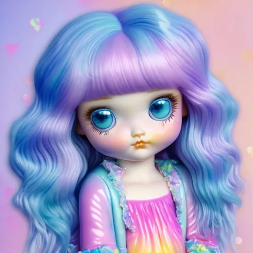 Prompt: Porcelain pastel doll in the style of Lisa frank