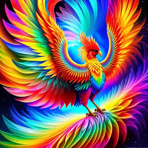 Prompt: color Fractal geometry exists in the background knowledge of the world, full color Fractal geometry exists in the foreground knowledge of the world, perfect detailed pompous phoenix bird, holding the bright sun with its claw, a painting photography technique, amazing colors.

