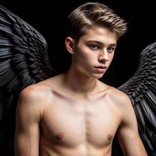 Prompt: 17 year old caucasian human male with black angel wings

