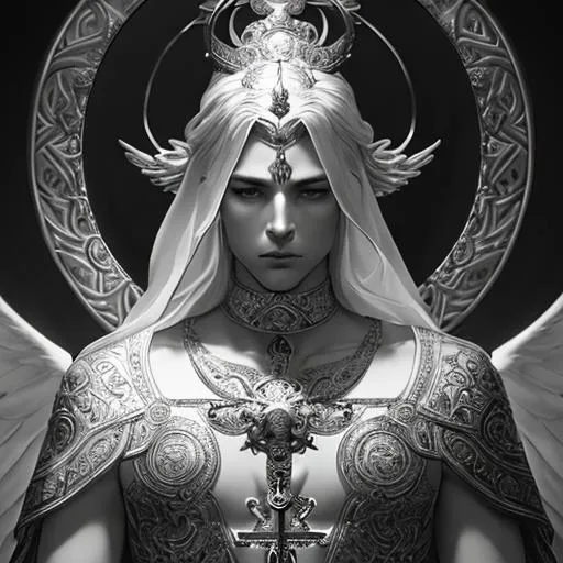 Prompt: Ethereal androgynous god + A focused male figure, full figure + Full HD render + immense detail + dramatic lighting + well lit + black, character sheet, + fine esoteric symbolism | ultra - detailed realism, soft cinematic lighting, high - quality, engraved | highly detailed |digital painting, artstation, concept art, smooth, sharp focus, Nostalgic, ethereal, nebula, 8k, hyper detailed, intricate detail, photorealistic, space void galaxy universe