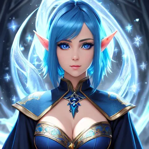 Prompt: "Full body, oil painting, fantasy, anime portrait of a young half elf woman with short bright blue hair and dark blue eyes, elf ears | sorceress wearing intricate blue and white flowing wizard robes, #3238, UHD, hd , 8k eyes, detailed face, big anime dreamy eyes, 8k eyes, intricate details, insanely detailed, masterpiece, cinematic lighting, 8k, complementary colors, golden ratio, octane render, volumetric lighting, unreal 5, artwork, concept art, cover, top model, light on hair colorful glamourous hyperdetailed medieval city background, intricate hyperdetailed breathtaking colorful glamorous scenic view landscape, ultra-fine details, hyper-focused, deep colors, dramatic lighting, ambient lighting god rays, flowers, garden | by sakimi chan, artgerm, wlop, pixiv, tumblr, instagram, deviantart