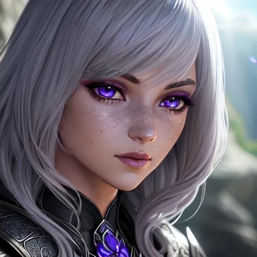 Prompt: cinematic shot, drow, gray skin,  dnd, cleric, purple eyes,   detailed face, detailed eyes, full eyelashes, detailed interior, ultra detailed accessories, short curly hair, bangs, freckles, 

((sunshine, very strong sunlight on face, cinematic lighting, volumetric lighting, beautiful shading, head light, back light, natural light, ray tracing, symmetrical)), (((masterpiece, professional, professional illustration))), Fantasy style,

UDR, HDR, 64k, masterpiece